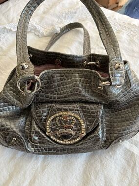 Crocodile-Texture Satchel Handbag in Metallic Gray